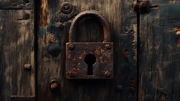 Rusty Padlock on Weathered Wooden Door