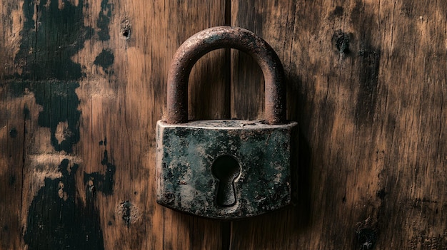 Rusty Padlock on Weathered Wooden Surface