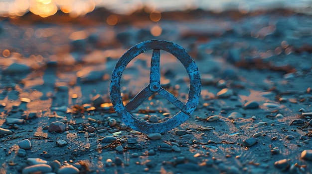 Photo a rusty peace sign on a pebbled beach with a blurred background of water and sun