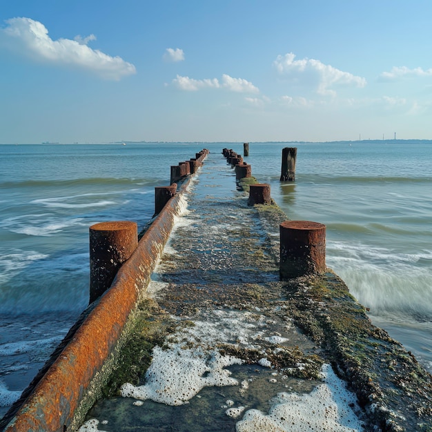 Rusty pier extends into the calm sea under a blue sky at midday