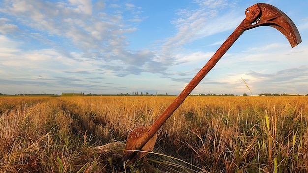 a rusty pole in a field with a sky background