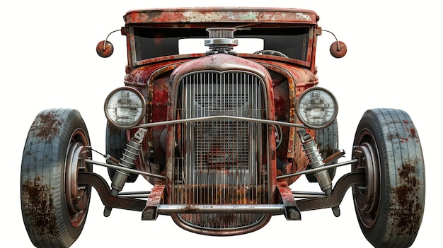 Rusty red vintage hot rod car isolated on white