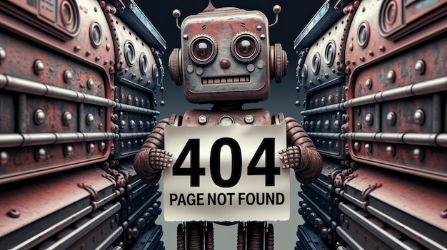 Photo rusty robot holding a 404 page not found sign between two industrial machines