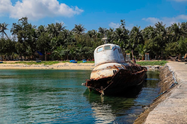 Photo a rusty shipwreck on the beach with palm trees