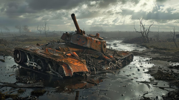 Photo rusty tank abandoned in a muddy battlefield