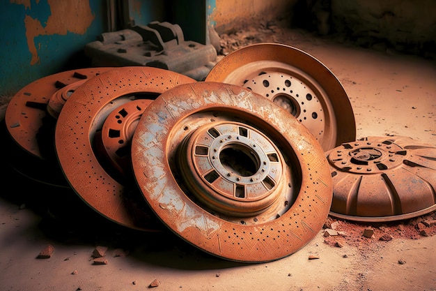 Rusty used brake discs lie in garage on floor