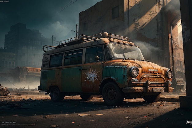 A rusty van with a white logo on the front