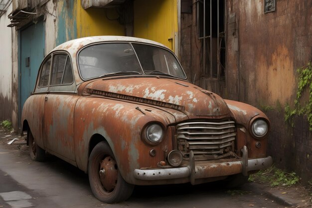 a rusty vintage car parked in a forgotten alleyway generated by ai