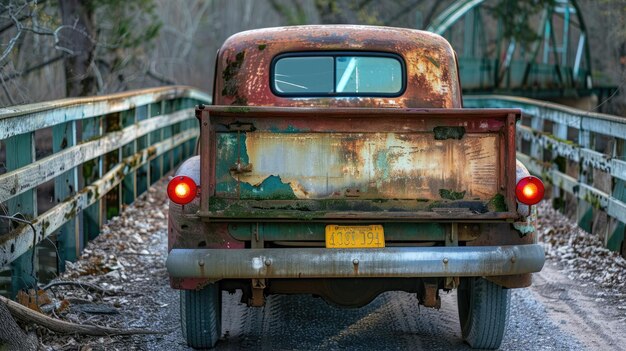 Rusty vintage truck on old bridge in autumn