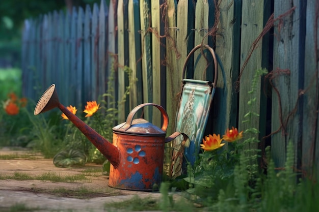 Rusty watering can next to wooden fence created with generative ai