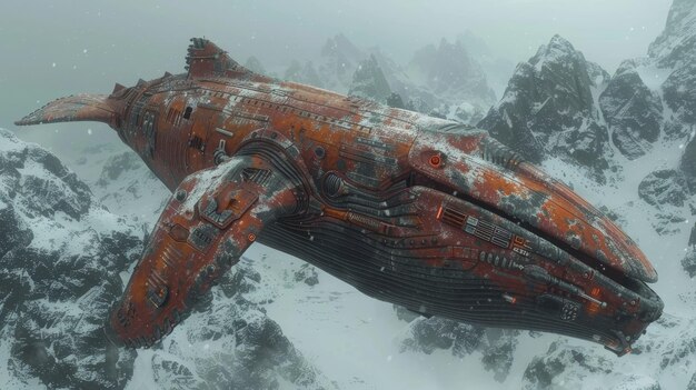 Rusty Whale Ship Soaring Above Snowy Mountains