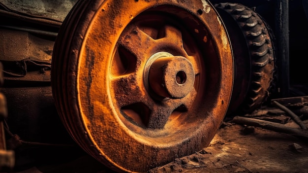 A rusty wheel is sitting on the ground.