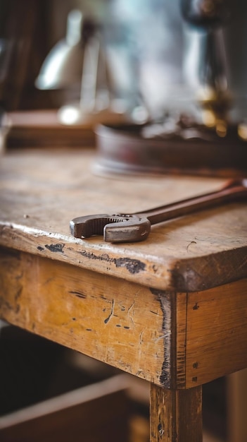 Rusty wrench rests on old wooden table generated by