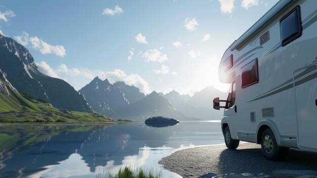 An RV parked beside a serene lake with majestic mountains reflecting in the calm water at sunrise