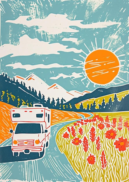 RV on scenic mountain road summer roadtrip concept linocut vintage style illustration