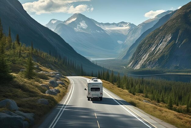 rv van drives on the road into the mountains