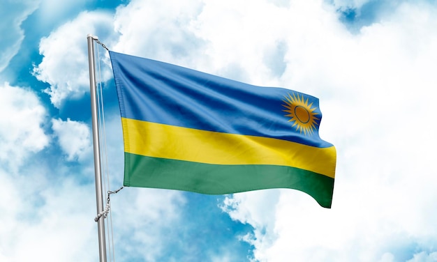 Rwanda flag waving on sky background 3D Rendering