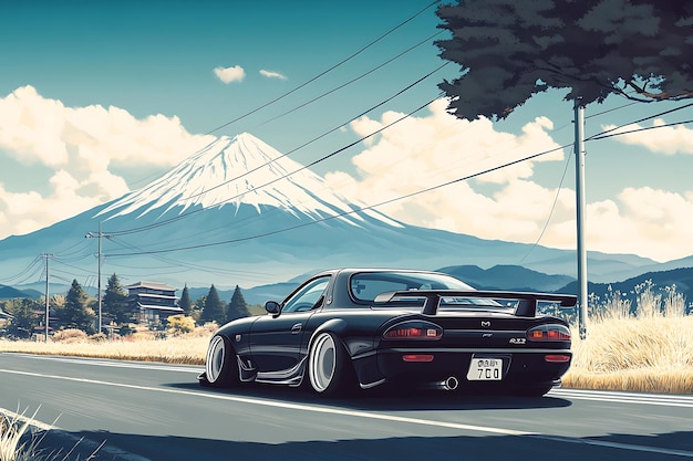 RX7 Against Mount Fuji Vibrant Summer Landscape