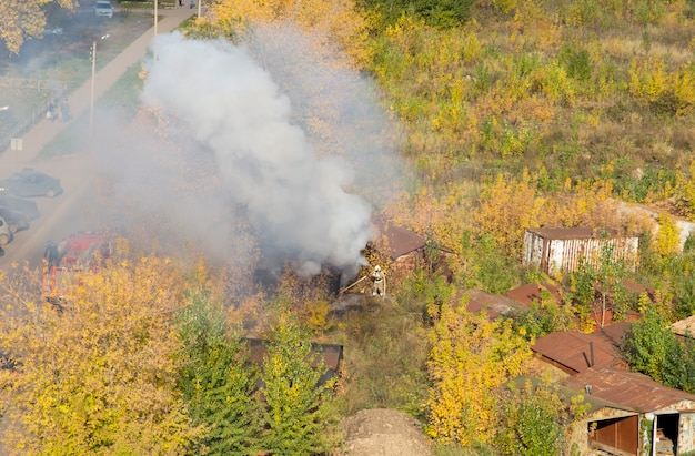 Ryazan Russia  October 03 2021 Firefighters extinguish a fire at an abandoned facility