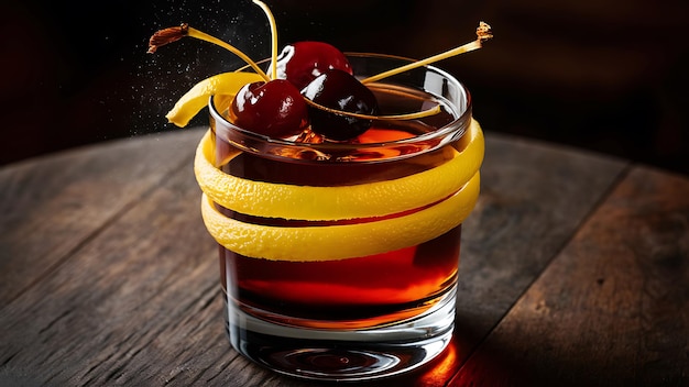 Rye Manhattan with cherries soaked in brandy