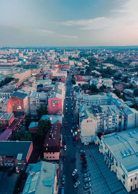 Rymarska street in the evening before sunset kharkiv ukraine aerial shot