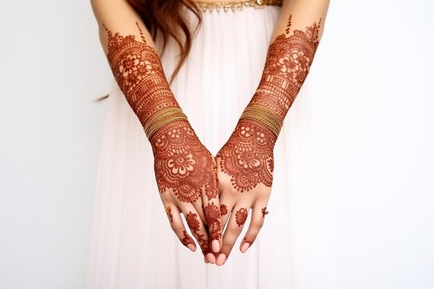 Photo s painted with mehndi tattoo beautiful female hands with henna tattoo on white background