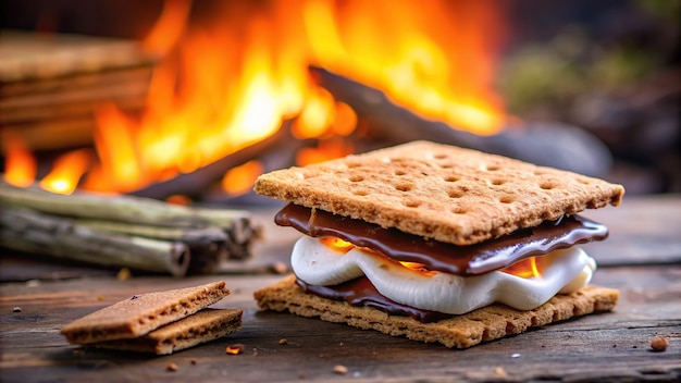 Photo s39more made of marshmallow chocolate and cracker with a campfire in the background picnic bonfire sweet roasted tasty summer delicious recreational relaxation smore gooey