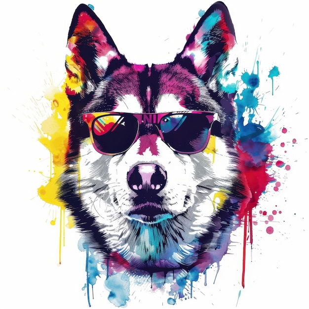 Saarloos Wolfdog dog wearing sunglasses in colorful pop art style