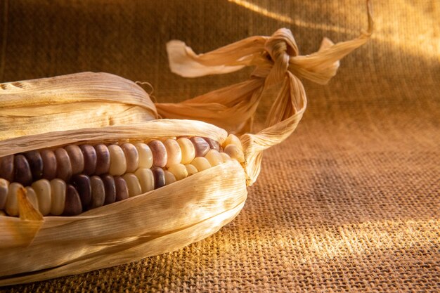 A sack of cooked corn kernels and cobs on a wooden table