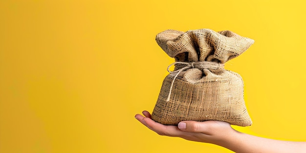 A sack of money on hand as a concept of trading and financial assistance