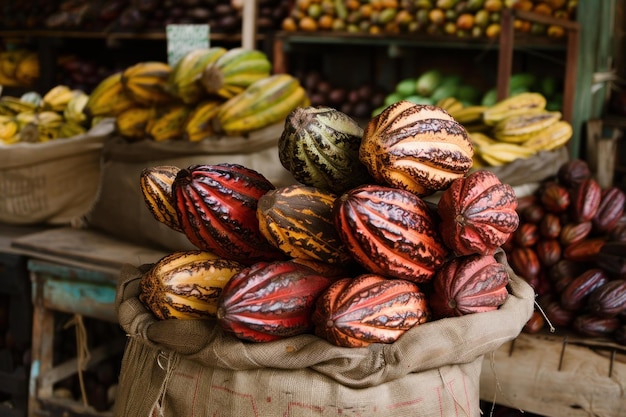 Sack overflowing with freshly harvested cacao pods at outdoor market