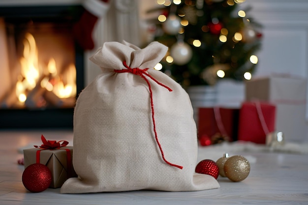 Photo a sack of presents next to a christmas tree