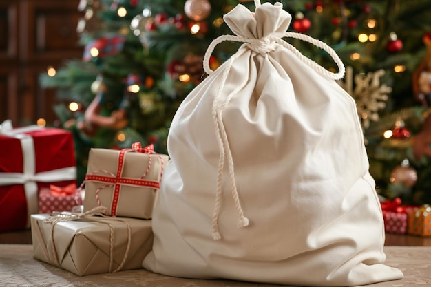 a sack of presents next to a tree