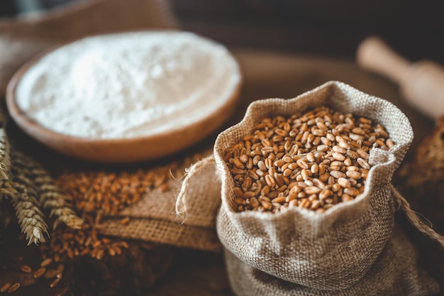 Sack with grain on the background of ears of wheat