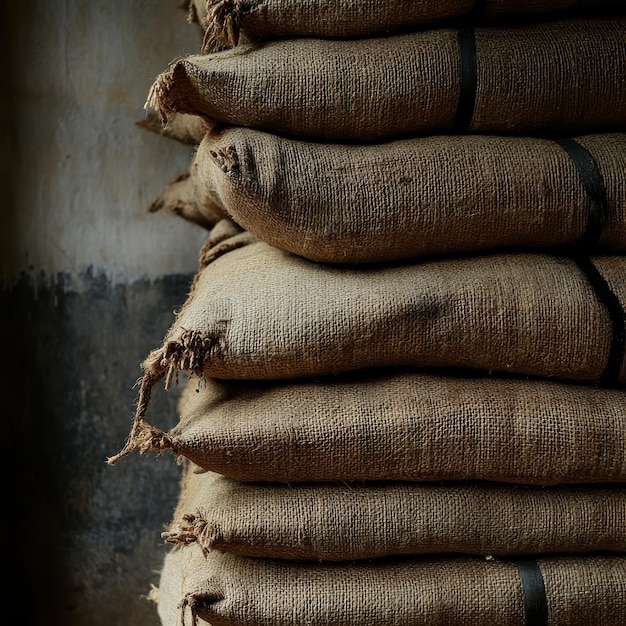 Photo sacks of burlap stacked prominently against a rustic wall in a dimly lit interior setting showcasing their textured surfaces