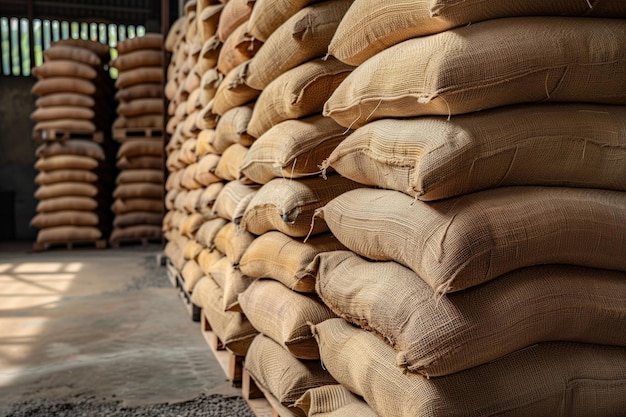 Sacks of rice in the warehouse