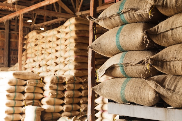 Sacks of rice in the warehouse