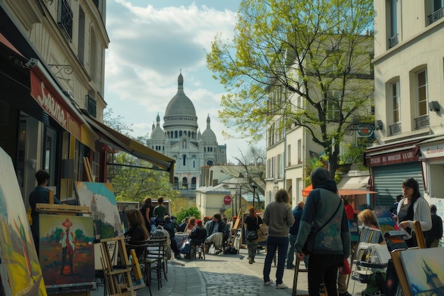 Photo sacrecoeur basilica atop montmartre with artists and cafes in the foreground