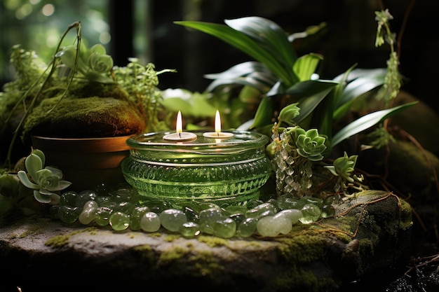 Sacred Altar celebrates natural elements stone water candle plant and crystal generative IA