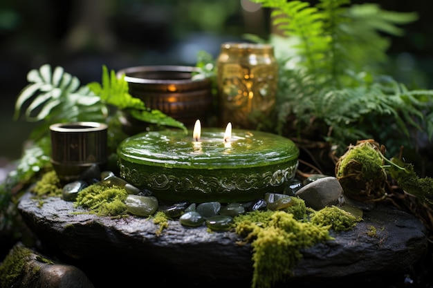 Sacred Altar celebrates natural elements stone water candle plant and crystal generative IA