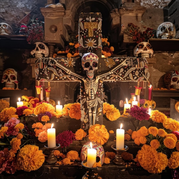 Photo sacred crosses and illuminated altars honoring day of the dead traditions