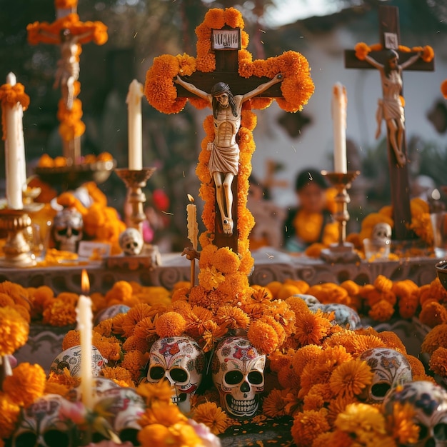 Photo sacred crosses and illuminated altars honoring day of the dead traditions