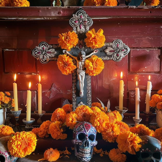 Photo sacred crosses and illuminated altars honoring day of the dead traditions