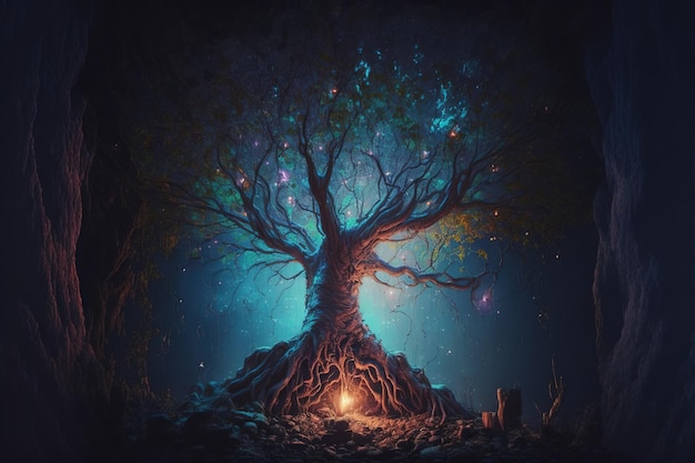 Sacred fantasy tree of life with afterlife portal gate leading to divine mystery