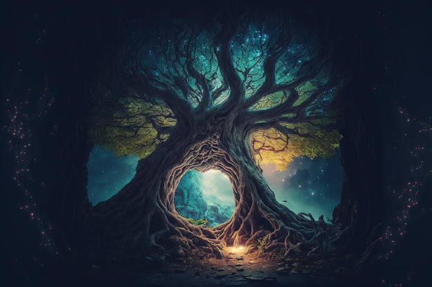 Sacred fantasy tree of life with afterlife portal gate leading to divine mystery