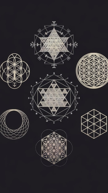 Photo sacred geometry concept black wallpaper with sri yantra flower of life torus and metatron symbols