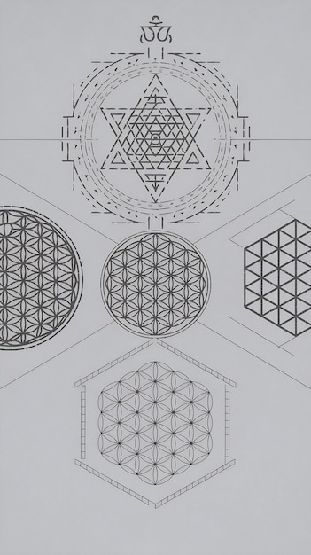 Photo sacred geometry concept white wallpaper with sri yantra flower of life torus and metatron symbols