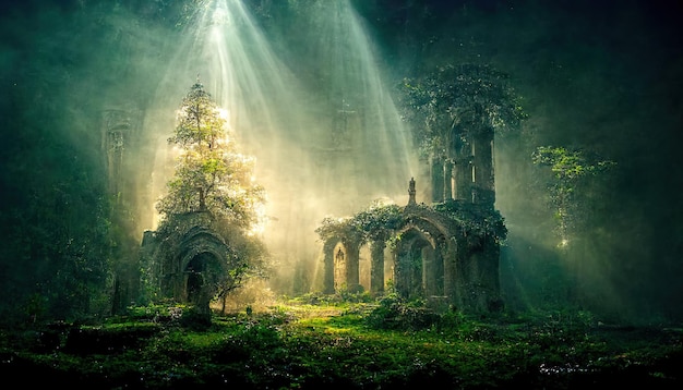 a sacred holy tree grows in the ruins of an Ancient cathedral, enchanted elven mysterious forest