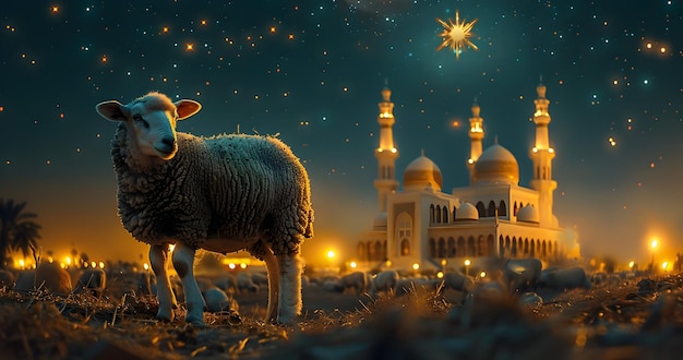 Sacred Sacrifice Eid Al Adha Mubarak Background with Sheep and Islamic background