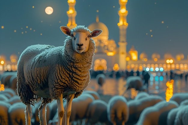 Sacred Sacrifice Eid Al Adha Mubarak Background with Sheep and Islamic background